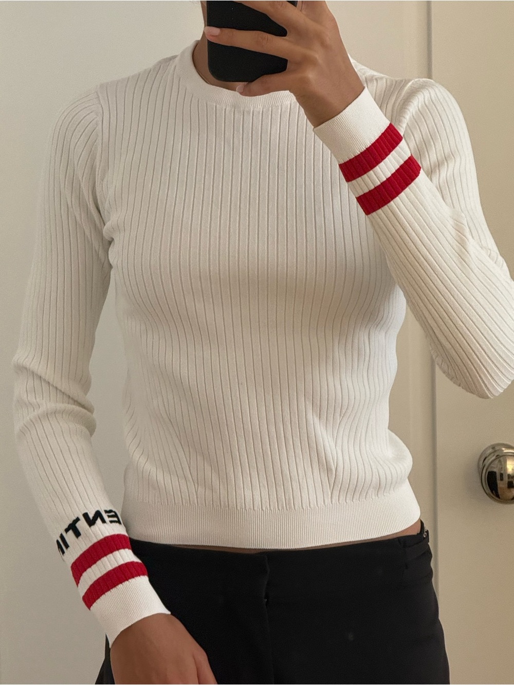Valentino White Ribbed Long-Sleeve Sweater with Red Stripe Cuffs